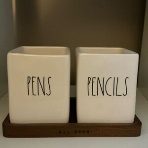 Rae Dunn PENS + PENCILS Holder Set of 2 with Wood Tray - Ceramic